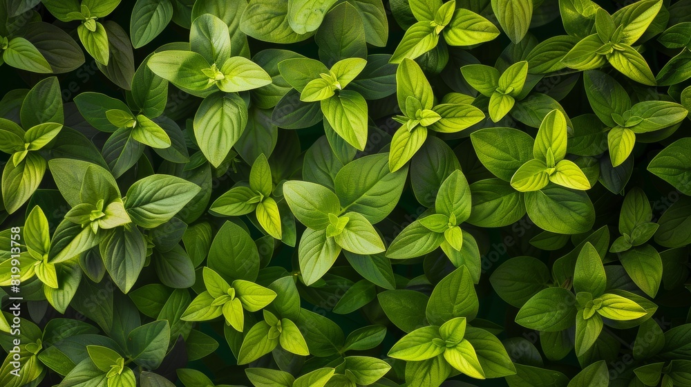 Poster symmetrical aerial view of verdant stevia leaves displaying detailed geometric patterns in natural l