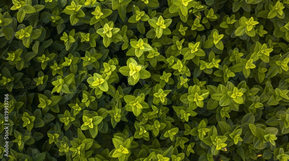 Poster symmetrical aerial view of lush green stevia leaves pattern with natural lighting and geometric desi
