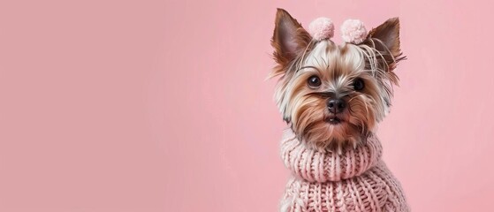 Yorkshire Terrier wearing a cute outfit,with Pastel Pink background,free space, with copy space for text