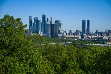Obraz premium View of the Moscow International Business Center Moscow City and the panorama of the city from the Vorobyovy Gory in Moscow on a sunny day.