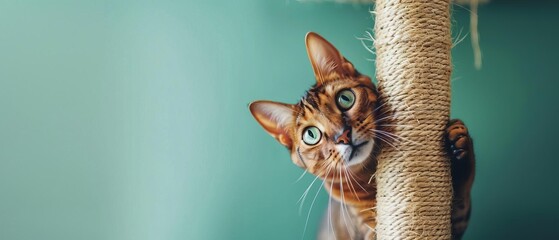 Abyssinian cat climbing a tall cat tree,with Pastel Green background,free space, with copy space for text