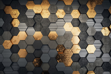 A hexagonal pattern on a wall with a mix of metallic gold and dark grey textures, modern graphic design on a striped backdrop, concept of luxury. 3D Rendering