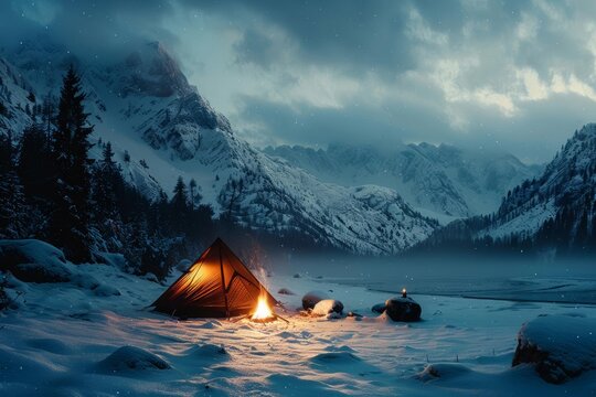 A campsite in a snowy landscape with a warm fire, cool tones, adventurous and bold, realistic, detailed photography, winter scene