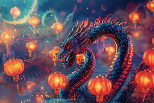 A majestic dragon statue standing in front of colorful lanterns. Perfect for cultural events or Asian-themed designs