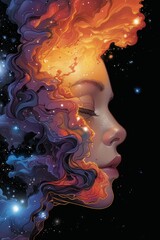 A woman's face is surrounded by colorful stars and galaxies, AI