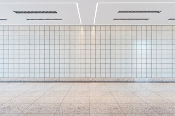 Empty subway station with a clean tiled wall and floor, modern ceiling lights, concept of public transportation space. 3D Rendering