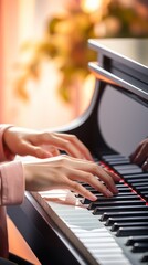 Obraz premium Closeup of hands playing a piano, illustrating the concept of melody in music, with focus on the keyboard and minimal background