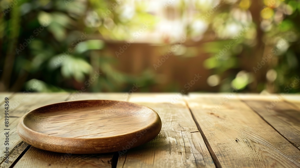 Aufkleber empty wooden plate on wood table soft blurry background of free space for your copy and branding use