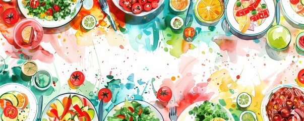 A colorful table with a variety of food items including salads, fruits, having a barbecue, bbq, illustrations, summer activities.