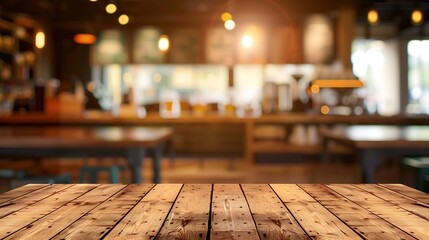 Empty wooden table in front of abstract blurred background of coffee shop  can be used for display or montage your productsMock up for display of product : Generative AI