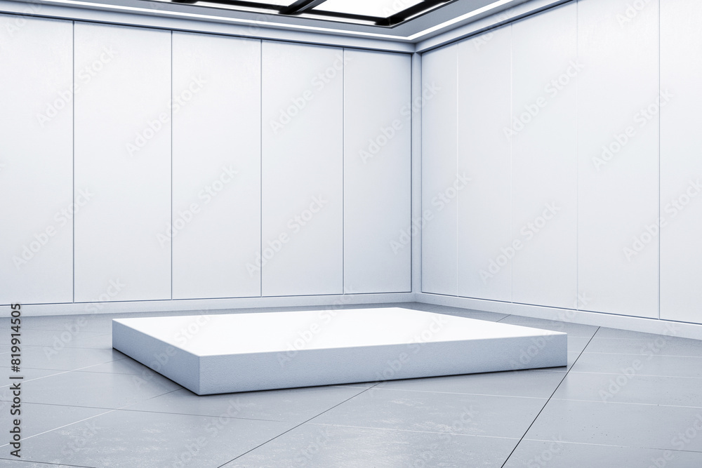 Poster a modern empty room with a white pedestal on a gray floor, minimalist interior, concept of a gallery