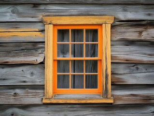 A window with a yellow frame and a wooden sill