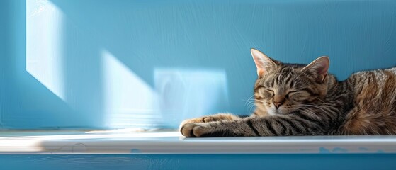 Cat napping on a windowsill,with Pastel Blue background,free space , with copy space for text