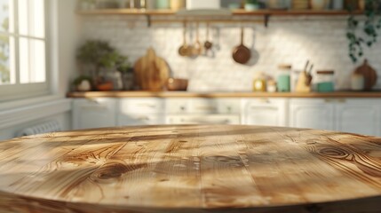 Empty beautiful round wood tabletop counter on interior in clean and bright kitchen  background Ready for display Banner for product montage : Generative AI