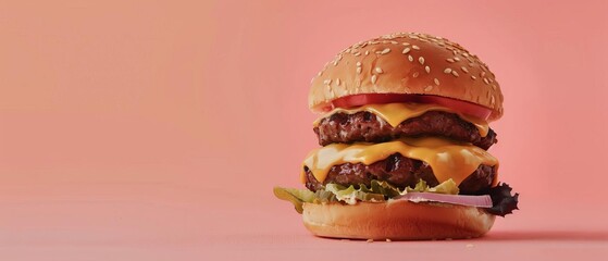 Cheeseburger with melted cheese being assembled in a diner,with Pastel Peach background,free space, with copy space for text