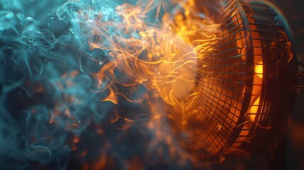 Hot summer day concept, Air fan caught fire due to heat. Generative AI