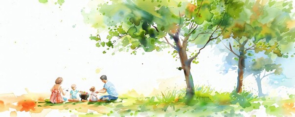 A family is sitting under a tree in a park, having a barbecue, bbq, illustrations, summer activities.