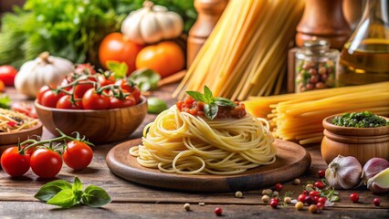 a plate of spaghetti with toppings on top and surrounded by other foods and vegetables