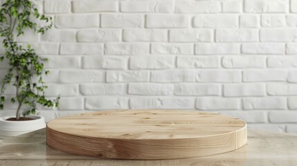 Empty wooden pedestal on kitchen table before white brick wall : Generative AI