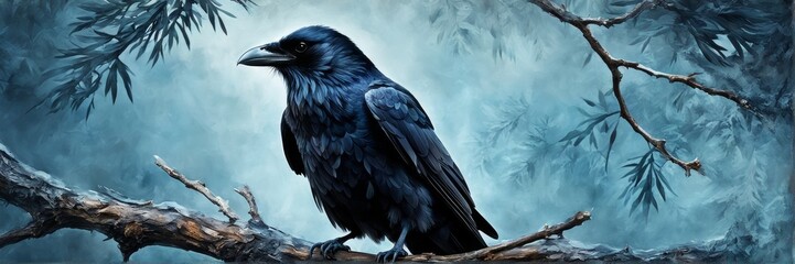 A banner, a raven sitting on a branch.
