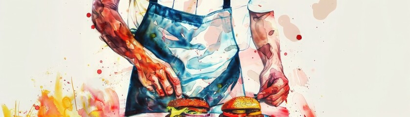 A man is cooking hamburgers and hot dogs, having a barbecue, bbq, illustrations, summer activities.