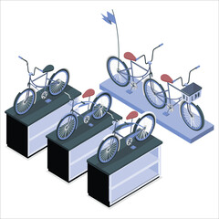 Bicycle bike store vector illustration. Cartoon flat buyers shoppers people choosing cycles, accessories or gear equipment for riding to buy at bike shop or shopping mall room interior background
