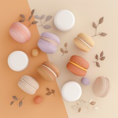 Fototapeta premium Variety of colorful macarons with autumn leaves on a beige background.