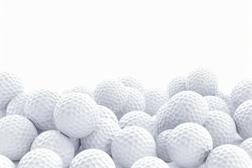 A pile of golf balls on a white surface, suitable for sports and leisure concepts
