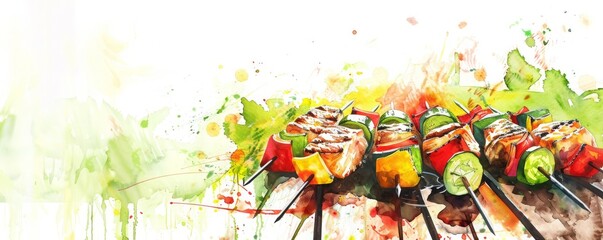 A painting of skewers of food on a grill, having a barbecue, bbq, illustrations, summer activities.