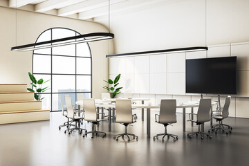 Modern conference room design with long table, chairs, and a TV, in a bright setting with large windows, concept of a corporate meeting space. 3D Rendering