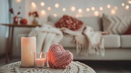 Fototapeta na wymiar Intimate Valentine's Day Scene with Handmade Knitted Heart Decorations and Warm Candlelight in a Cozy Room