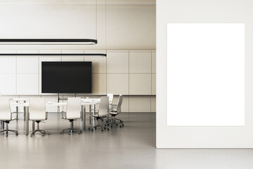 Modern conference room with large blank white poster on the wall, sleek furniture, and a TV screen, concept of a corporate presentation space. 3D Rendering
