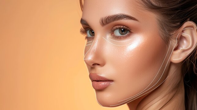 A womans face with visible contouring lines highlighting potential cosmetic enhancement areas, including tape wrapped around her neck. Generative AI