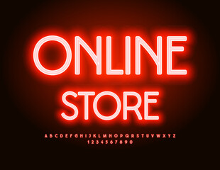 Vector advertising signboard Online Shop. Glowing Red Font. Bright Neon Alphabet Letters and Numbers set.