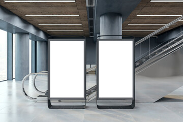 Two blank advertising displays in a modern interior, realistic style, against a glass facade, concept of promo space. 3D Rendering