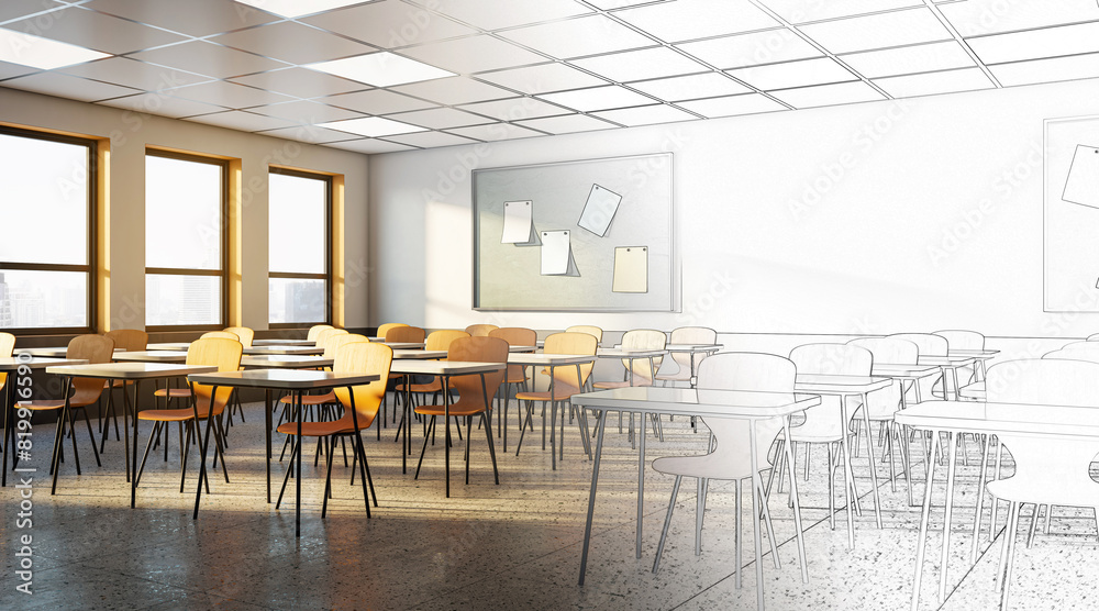 Poster a modern classroom interior with colorful chairs, transitioning from a photo to a sketch, on a sunny