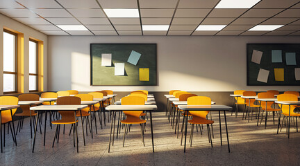 Modern classroom interior with wooden desks, chairs, and a chalkboard on a grey background, concept of education. 3D Rendering