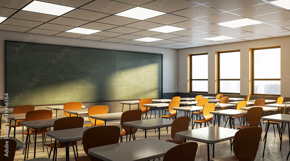 Poster an empty classroom with orange chairs, a large chalkboard, and windows showing a city skyline, illum