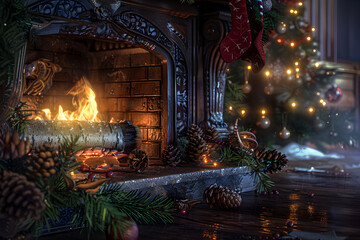 Historical Representation of the Traditional Yule Log and Vintage Christmas Decorations