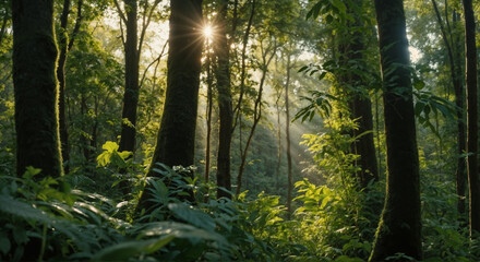 Beautiful rays of sunlight in a green forest