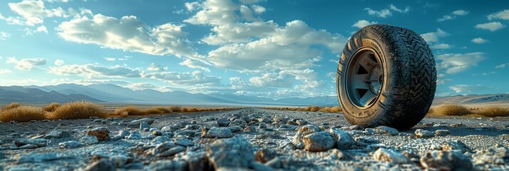 Lone tire rests on gravel road in desolate landscape