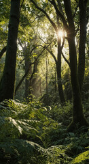 Beautiful rays of sunlight in a green forest