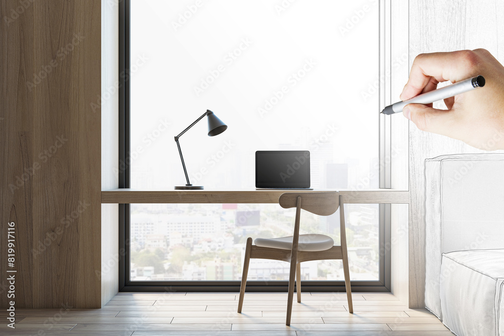 Poster hand drawing on a minimalist desk setup with laptop, black lamp, and city view. creative workspace c