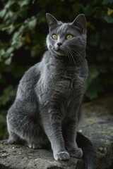 A gray cat sitting on a rock in front of a bush. Suitable for pet blogs or animal-related content