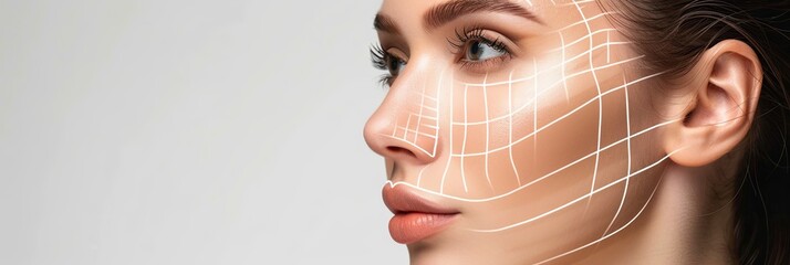 Close-up of a womans face with strategic contouring lines accentuating potential cosmetic enhancement areas. Generative AI