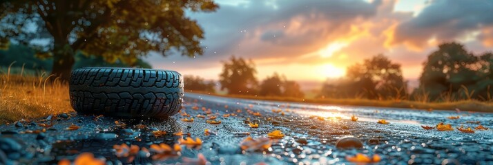 A tire resting on the side of a road, discarded and left behind