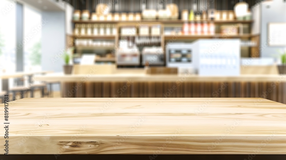 Aufkleber white table presentation desk and blur background empty wood counter shelf surface over blur restaur
