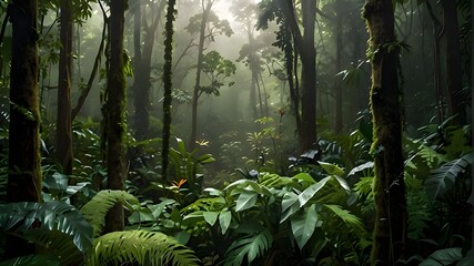 Sunlight Penetrating Through the Enchanted Woods: Forest RadianceInvestigating the Rich Rainforest at Dawn, Calm Dawn Views in the Rainforest, Dawn Light Filters the Canopy of the Rainforest, Early Mo