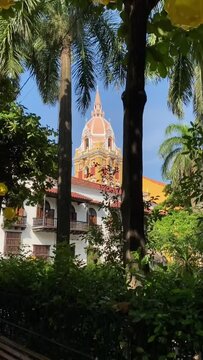 vid&eacute;o d'une cath&eacute;drale color&eacute;e &agrave; Cartag&egrave;ne. L'architecture est traditionnelle et typique de Colombie. La vid&eacute;o est tourn&eacute;e depuis un parc avec des arbres exotiques