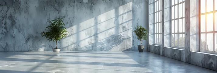 Interior view of a room featuring a sizable window and two potted plants